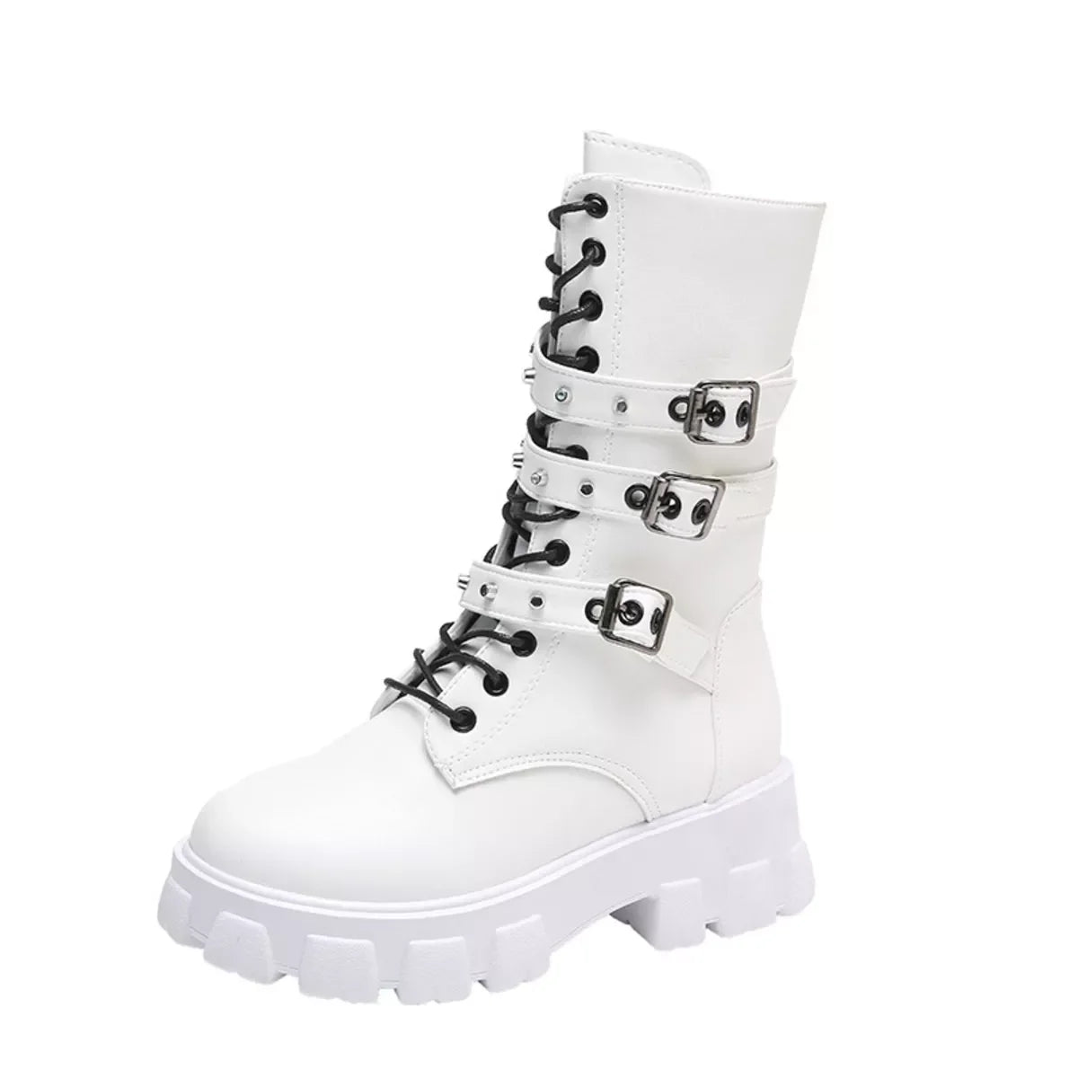 Buckled Lace-Up Mid Heel Combat Boots Ankle-Height - Southern Shores Clothing