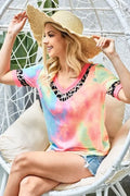 Tie-Dye Leopard Trim V-Neck T-Shirt Soft Cotton Blend - Southern Shores Clothing