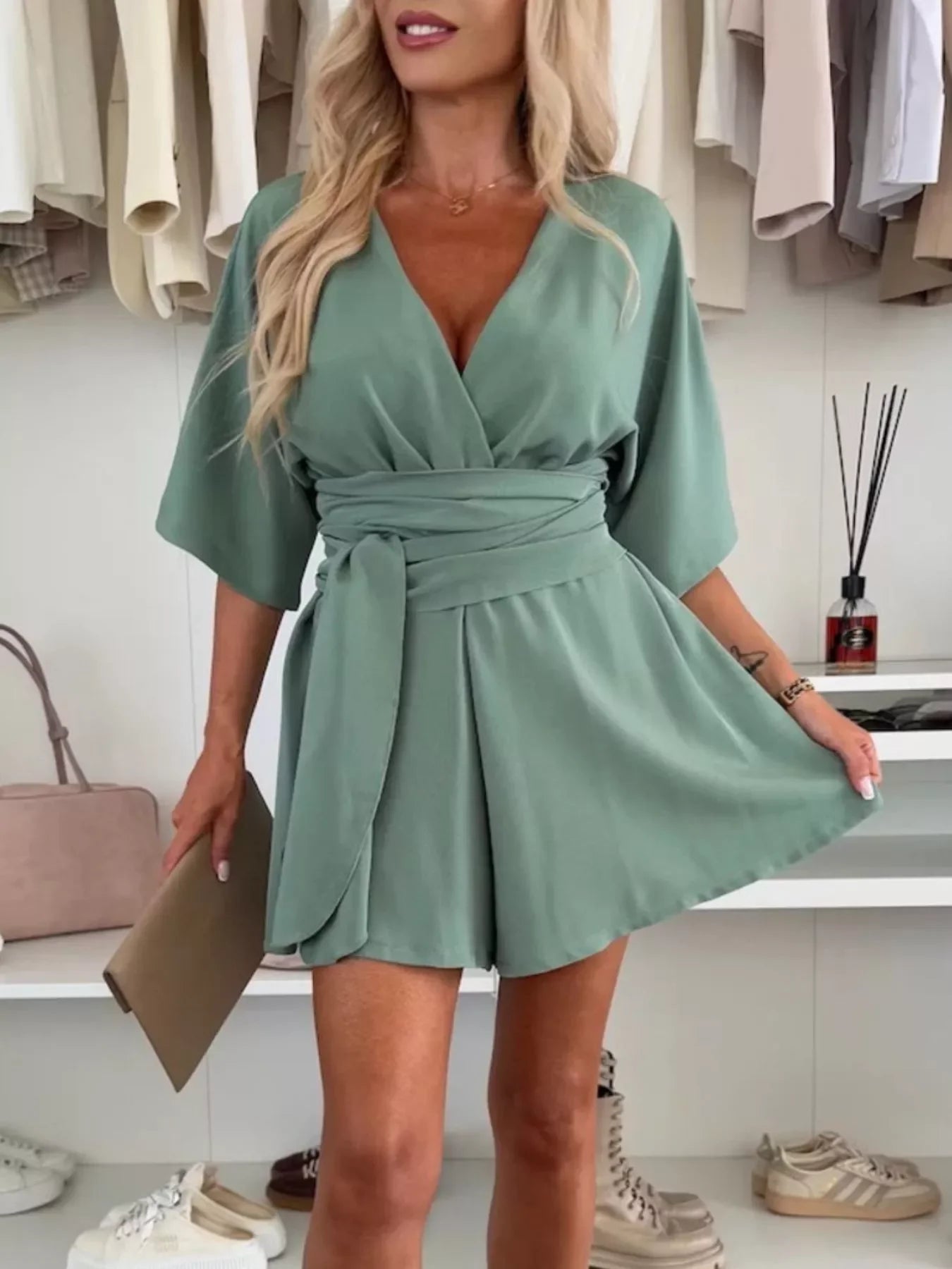 Belted Surplice Tie Waist Stretch Knit Romper - Southern Shores Clothing