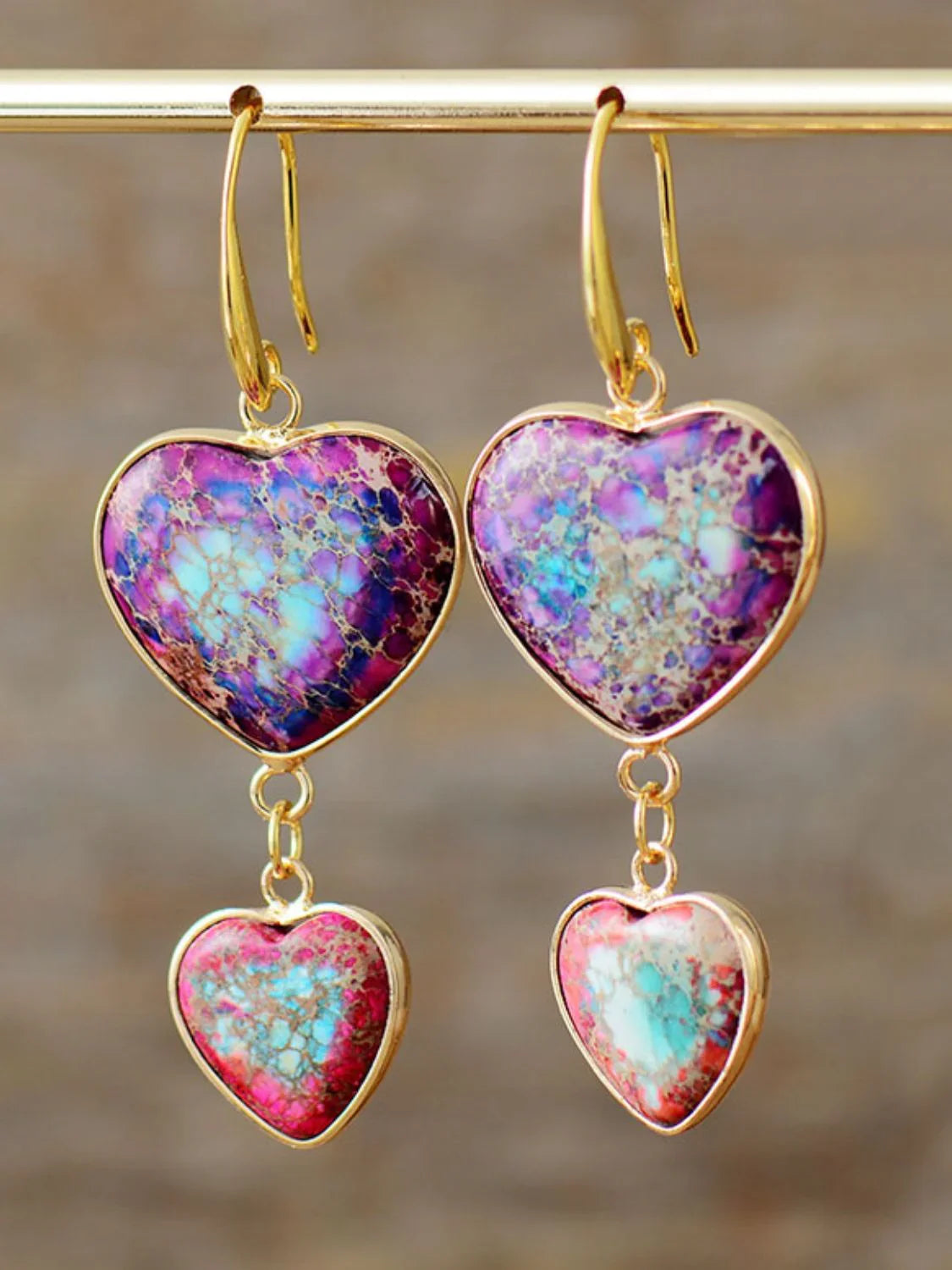 Heart Shape Imperial Jasper Dangle Earrings Gold Tone - Southern Shores Clothing
