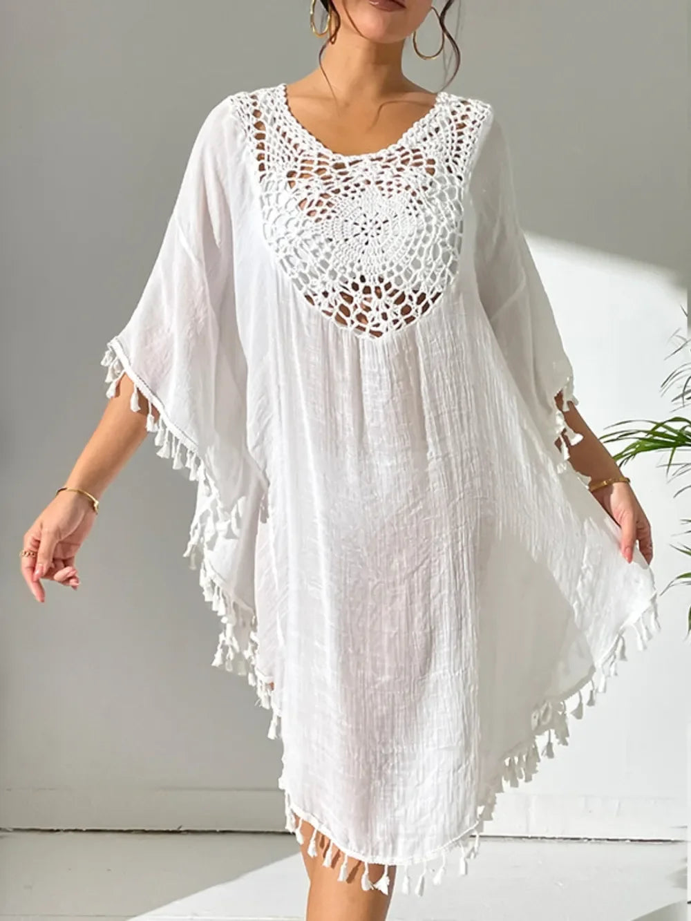 Tassel Cutout Scoop Neck Cover Up Dress One Size - Southern Shores Clothing