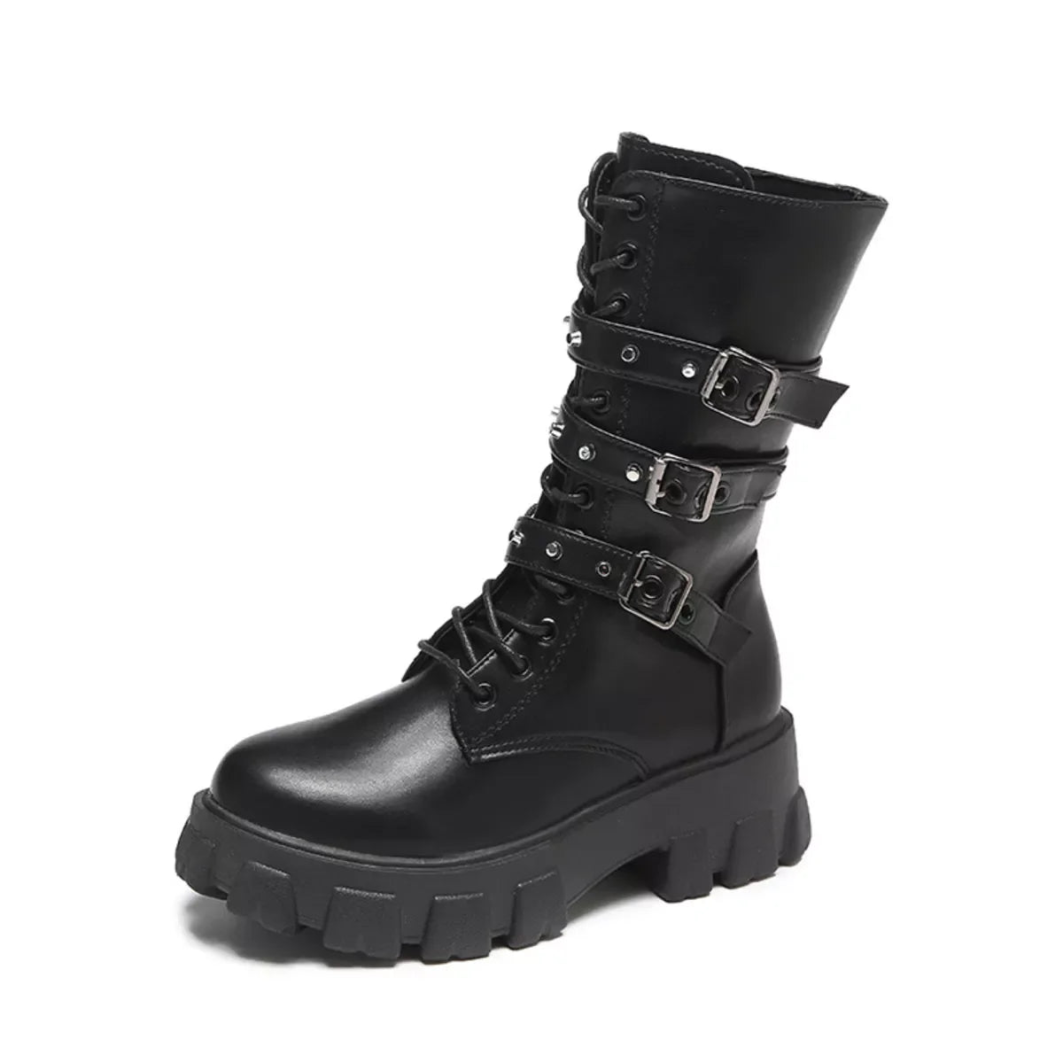 Buckled Lace-Up Mid Heel Combat Boots Ankle-Height - Southern Shores Clothing