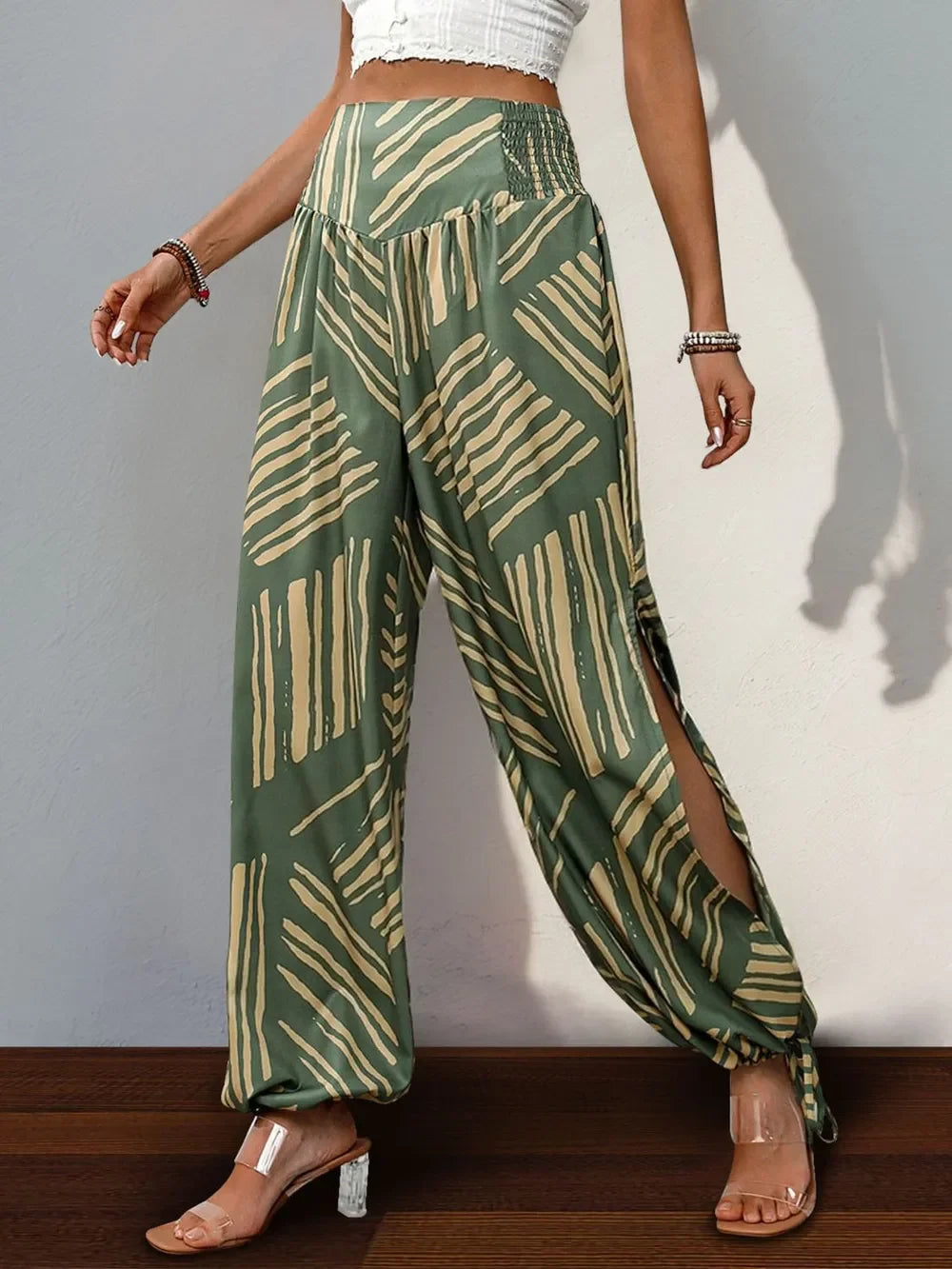 Smocked Slit Printed High Waist Wide Leg Boho Pants Relaxed - Southern Shores Clothing