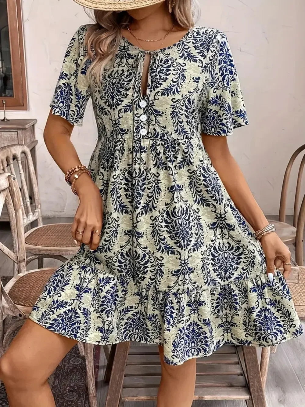 Printed Tie Neck Short Sleeve Dress With Paisley Print Pattern - Southern Shores Clothing