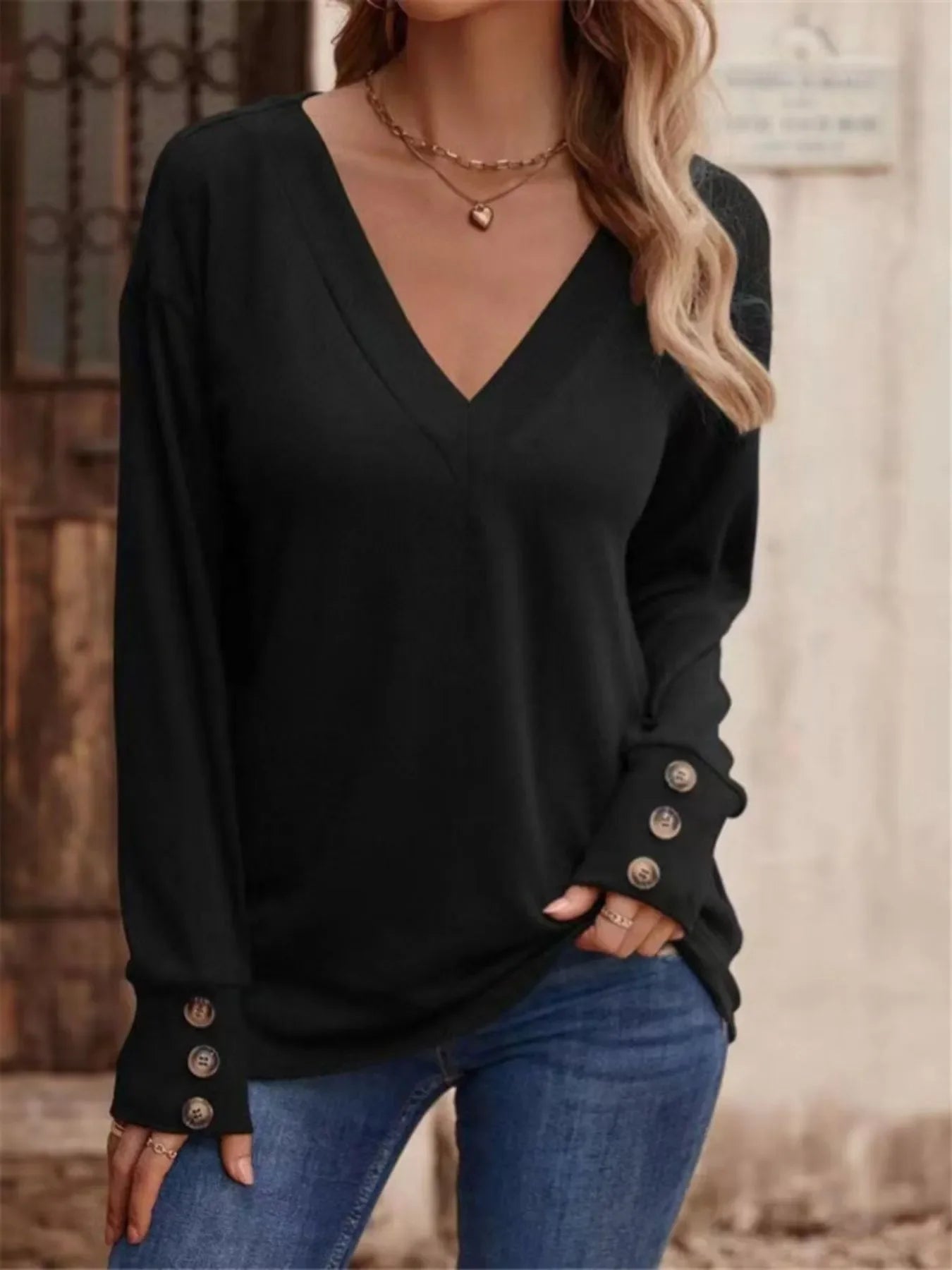 V-Neck Long Sleeve Tee With Decorative Buttons - Southern Shores Clothing