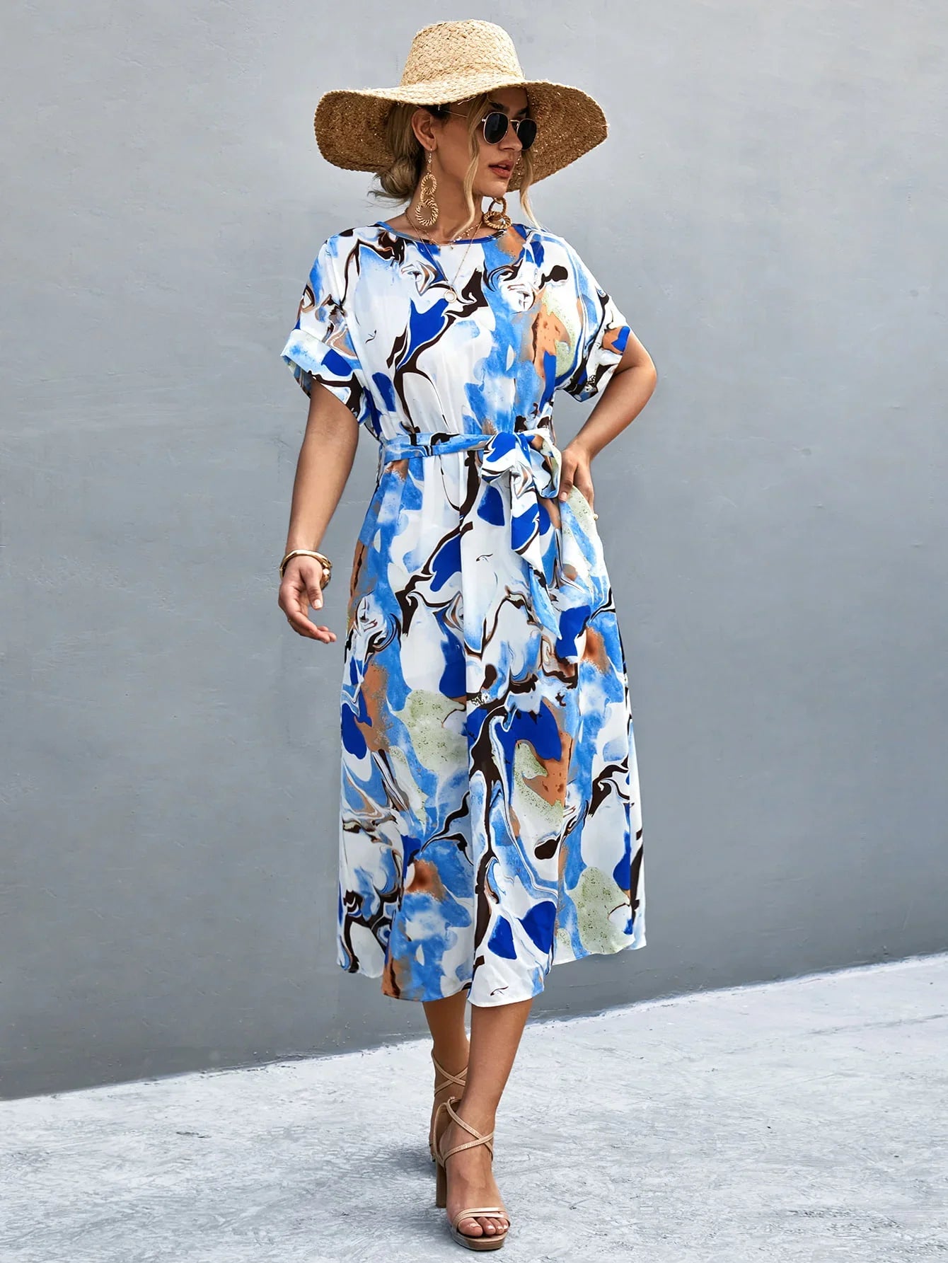 Round Neck Short Sleeve Tie Waist Midi Dress - Southern Shores Clothing