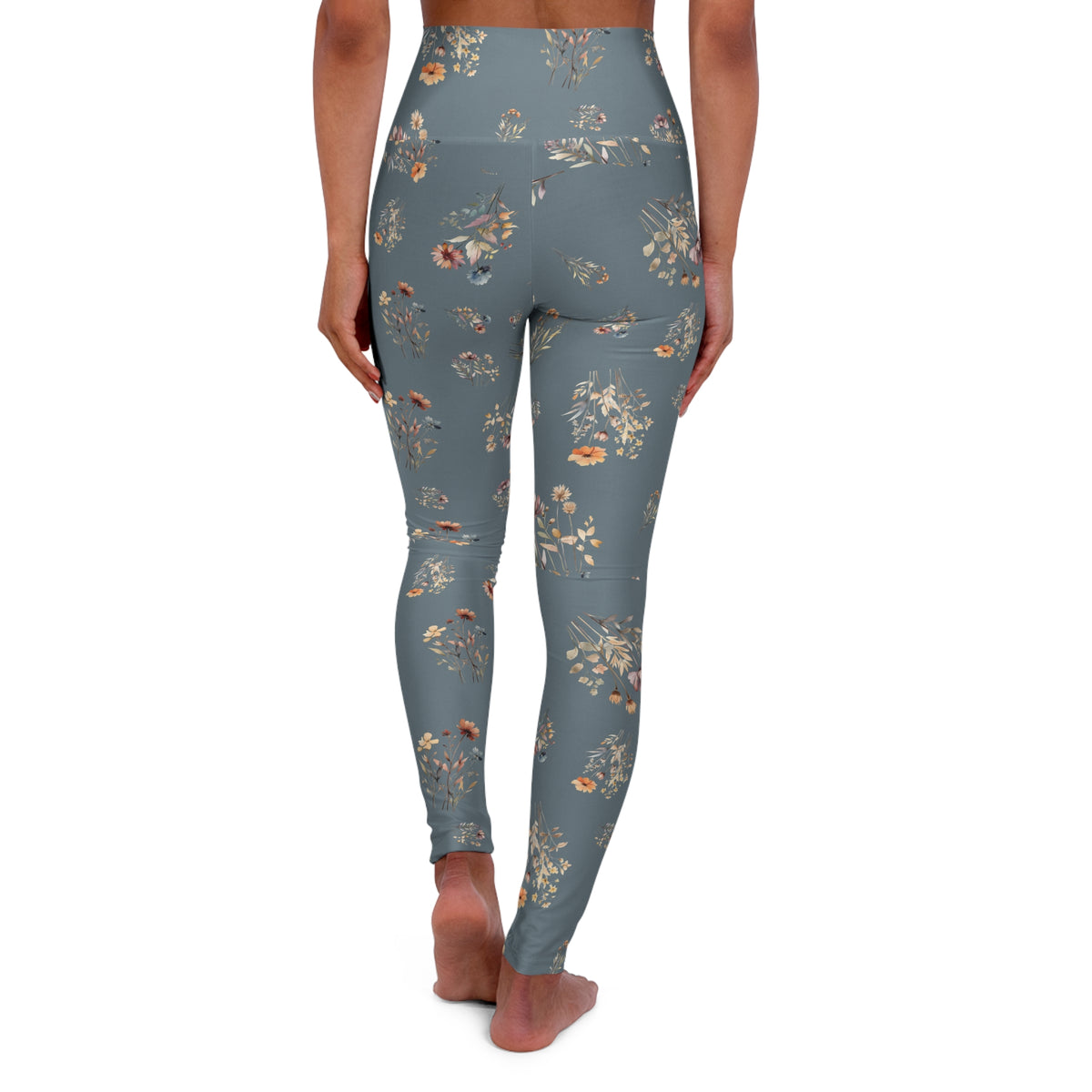 High Waisted Yoga Leggings, Dusty Blue Floral Pattern