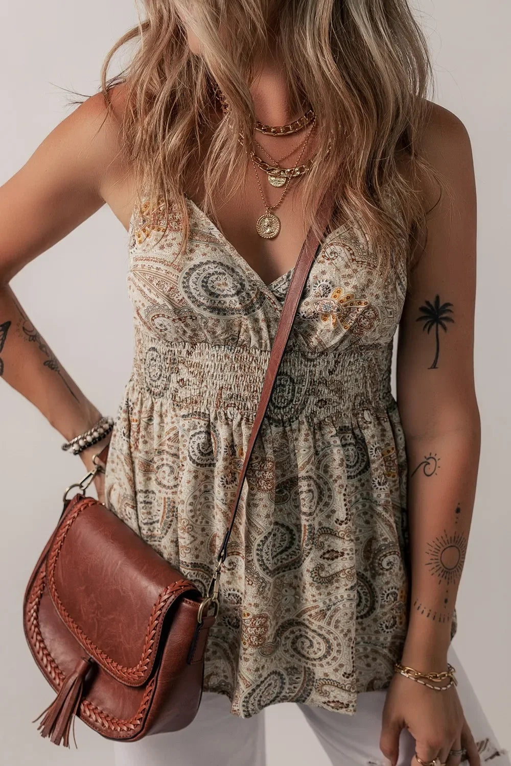 Paisley Print Smocked Babydoll Cami Top Sleeveless Lightweight - Southern Shores Clothing