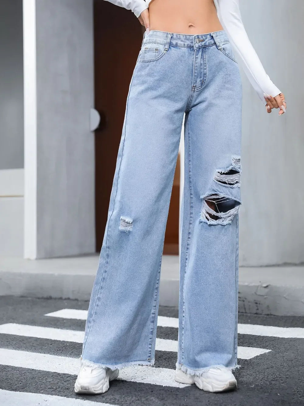 Charleston Inspired Distressed Raw Hem Wide Leg Jeans - Southern Shores Clothing