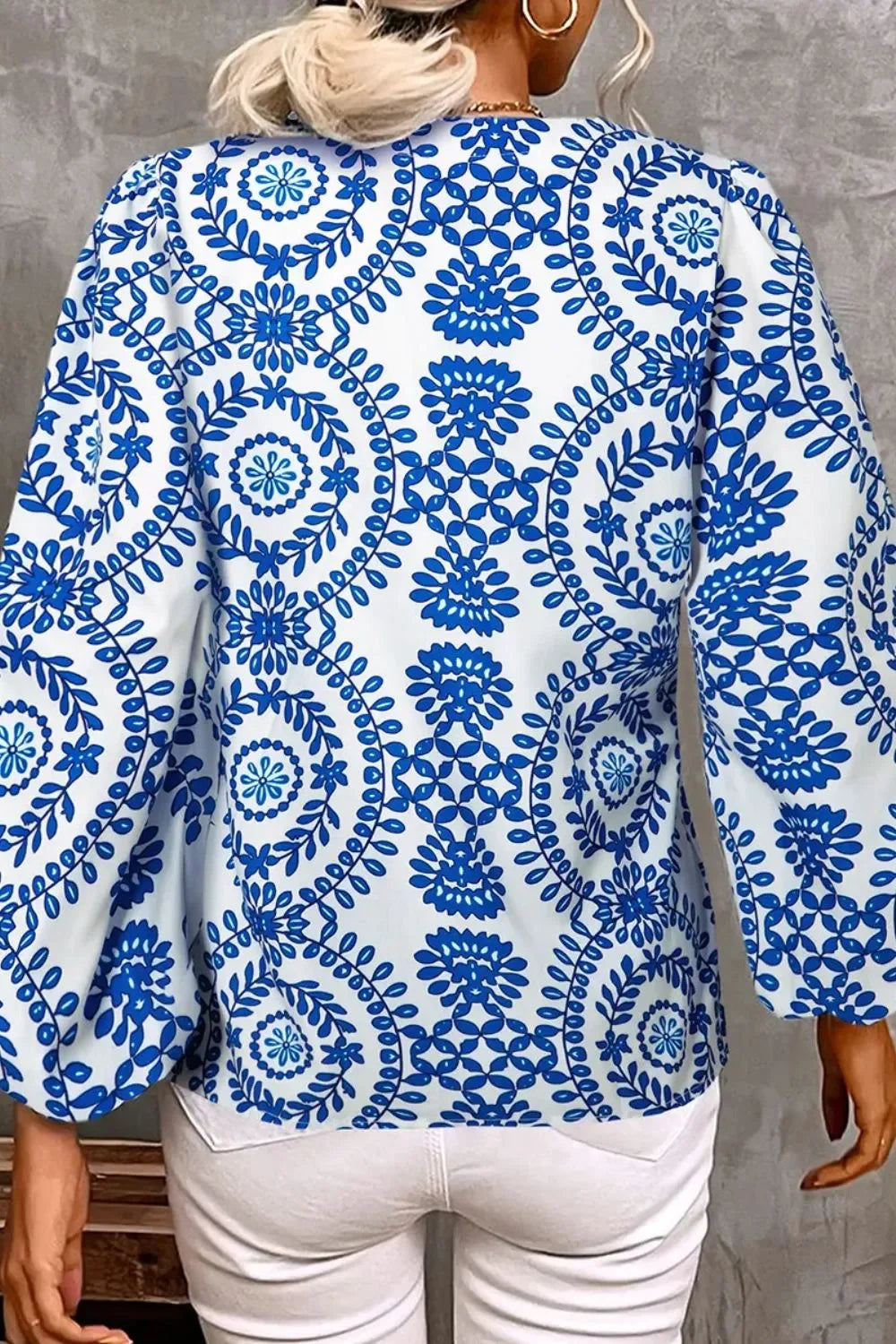 Printed Notched Long Sleeve Polyester Blouse - Southern Shores Clothing