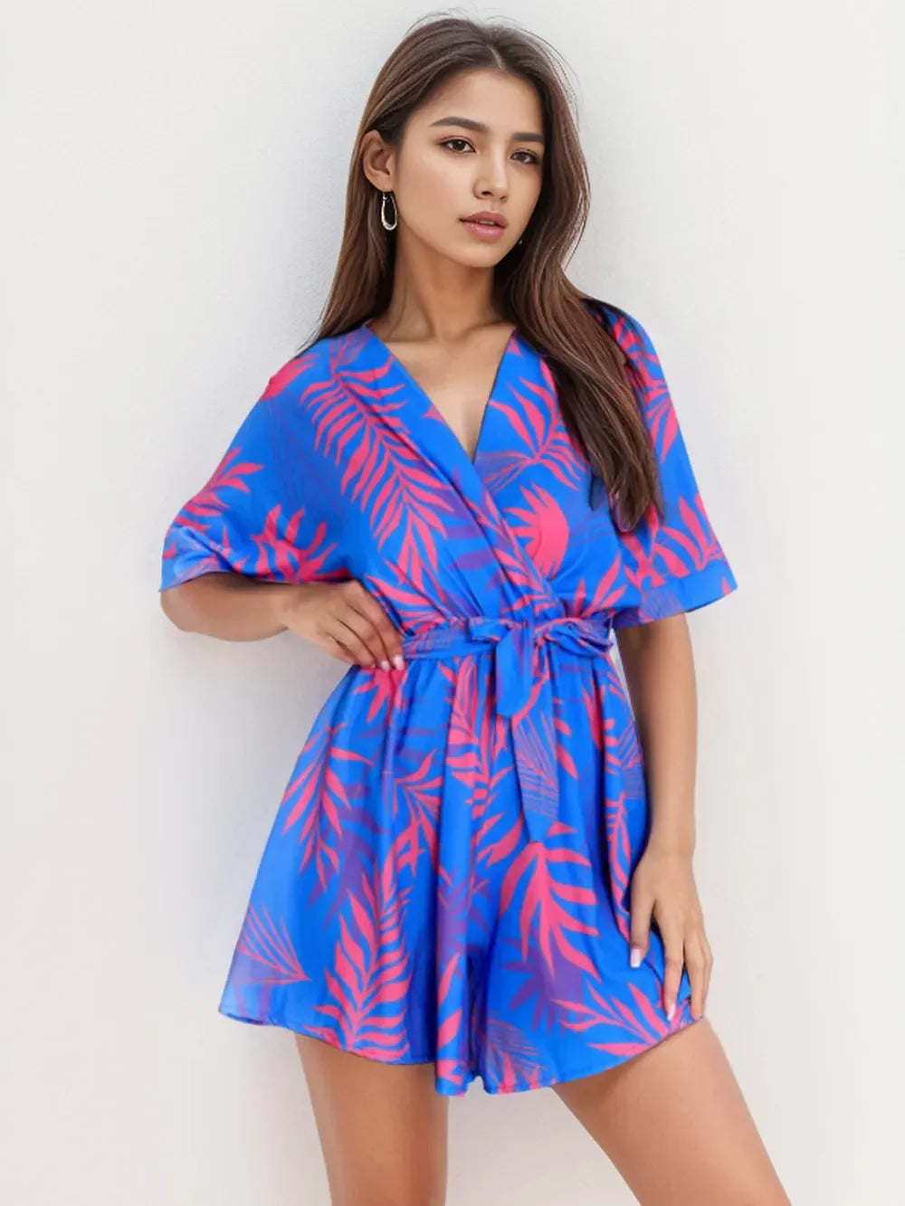 Printed Surplice Half Sleeve Romper With Tie - Southern Shores Clothing