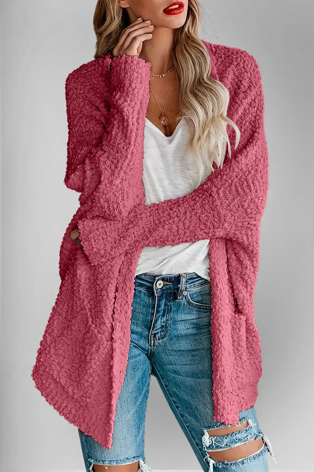 Pocketed Open Front Long Sleeve Cardigan With Stretch - Southern Shores Clothing
