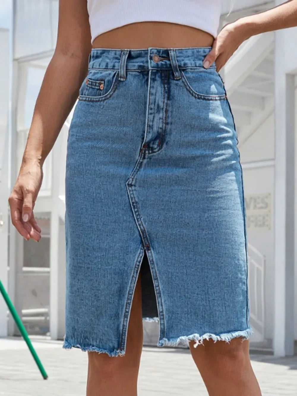 Stretchy Denim Slit Skirt With Raw Hem Detailing - Southern Shores Clothing