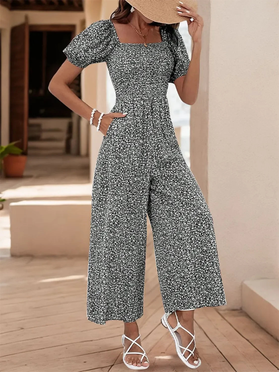 Printed Square Neck Puff Sleeve Jumpsuit - Southern Shores Clothing