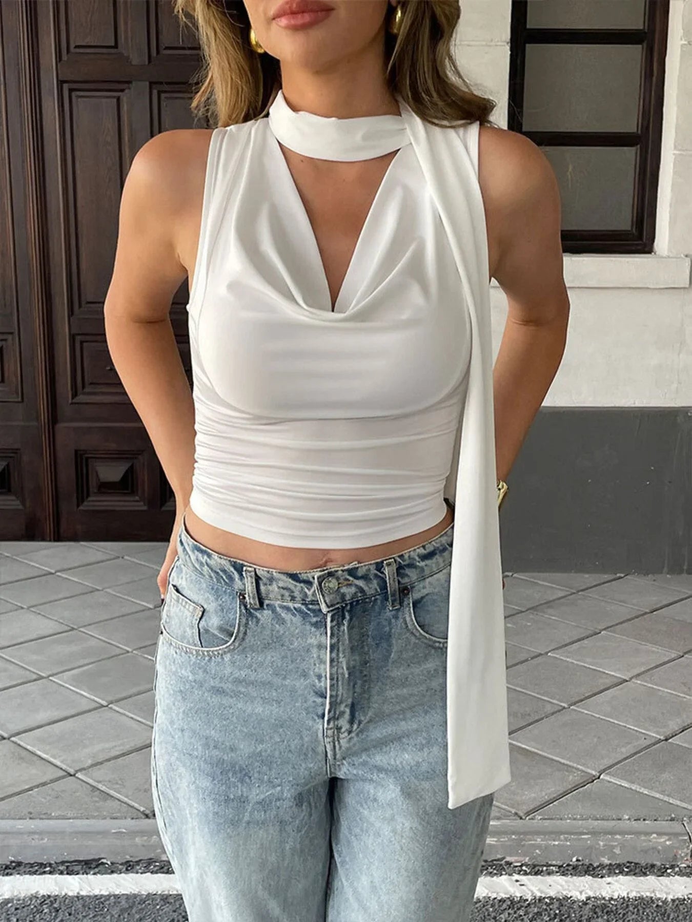 Ruched Cowl Neck Cami Top With Slight Stretch Slim Fit Silhouette - Southern Shores Clothing