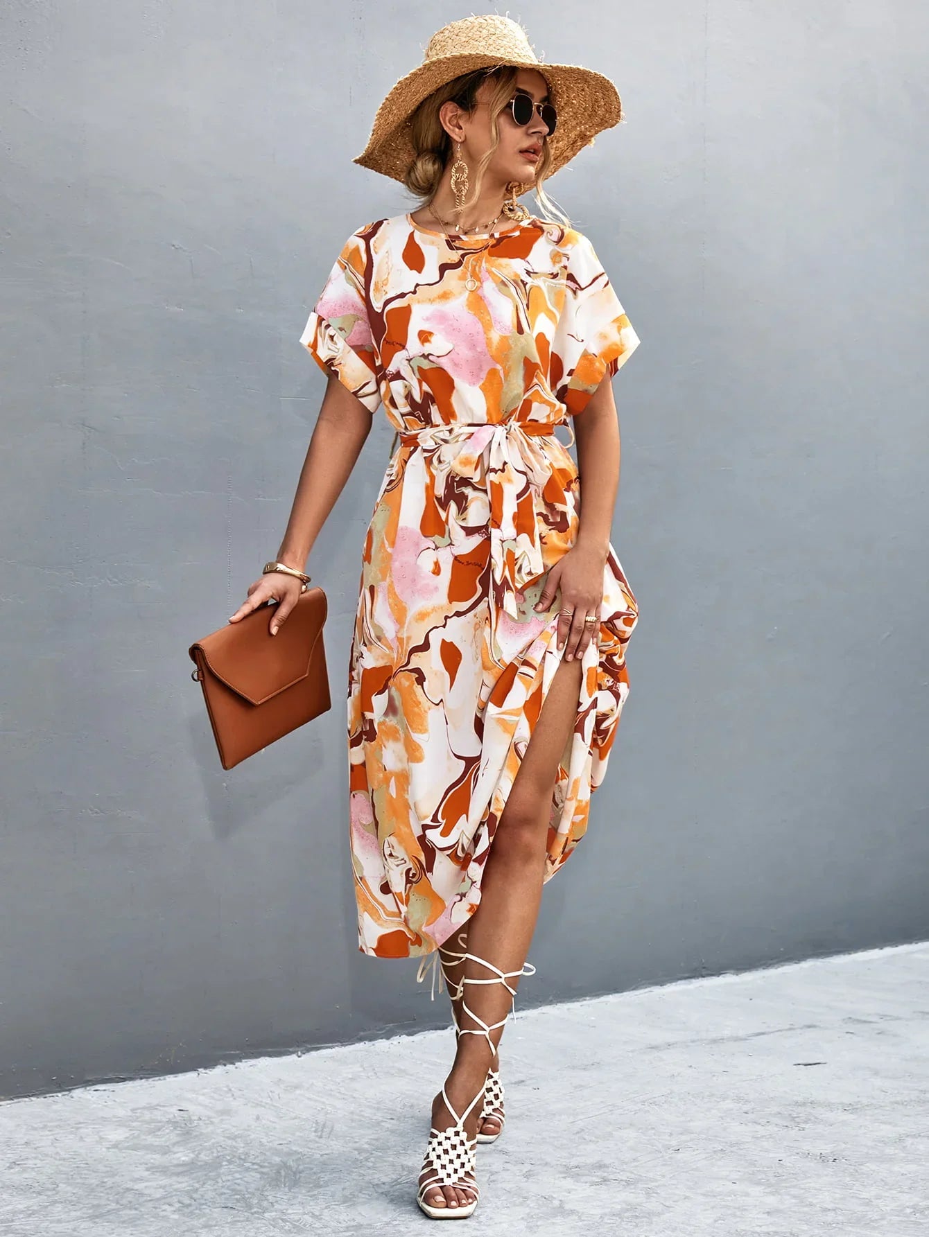 Round Neck Short Sleeve Tie Waist Midi Dress - Southern Shores Clothing