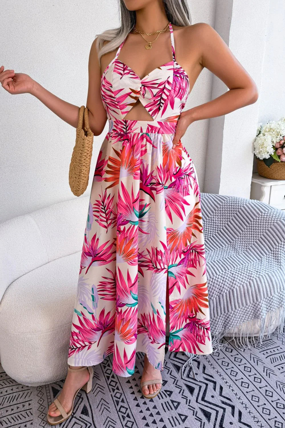Botanical Print Tied Backless Cutout Slit Maxi Dress - Southern Shores Clothing