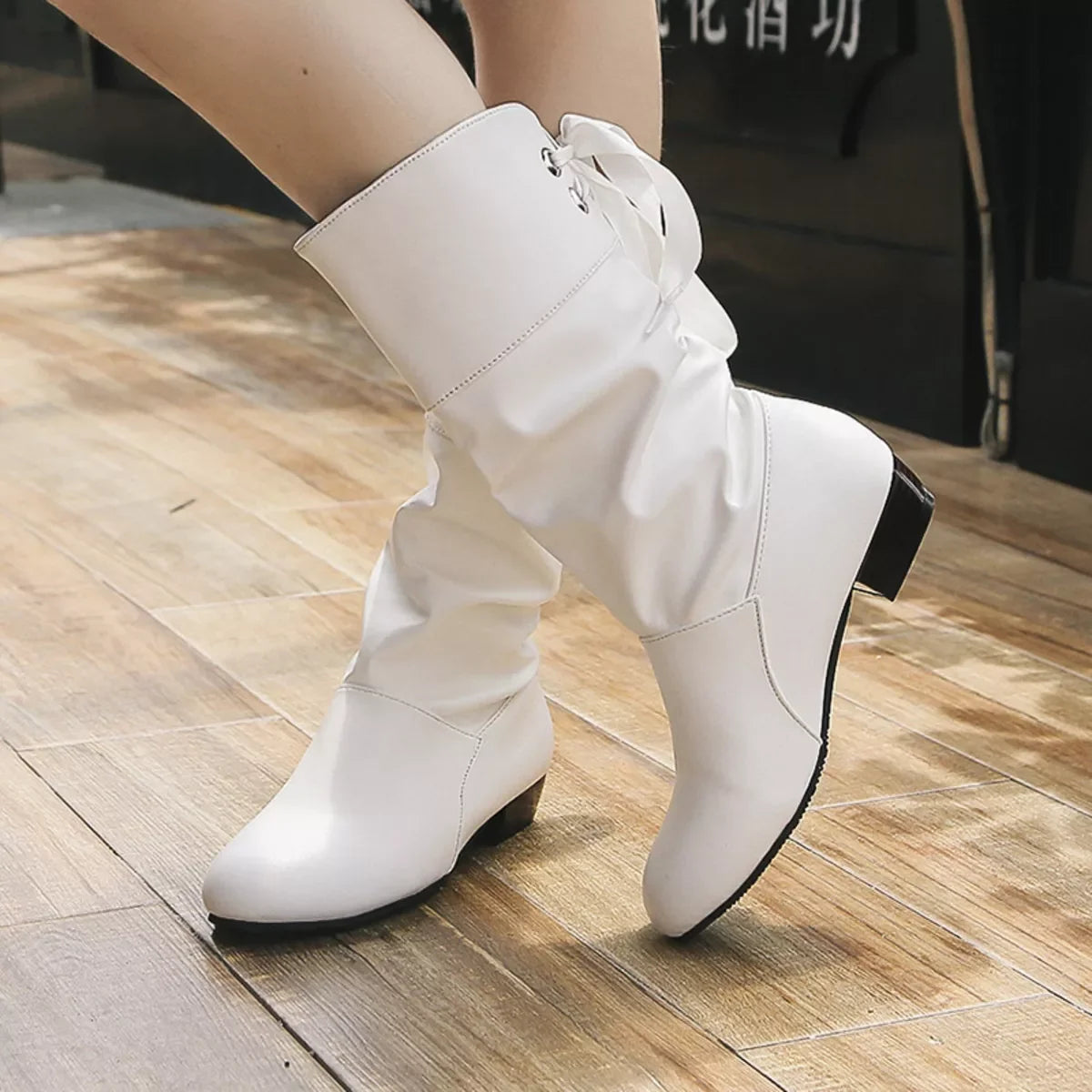 Chic Round Toe Block Heels Ankle Boots Classic