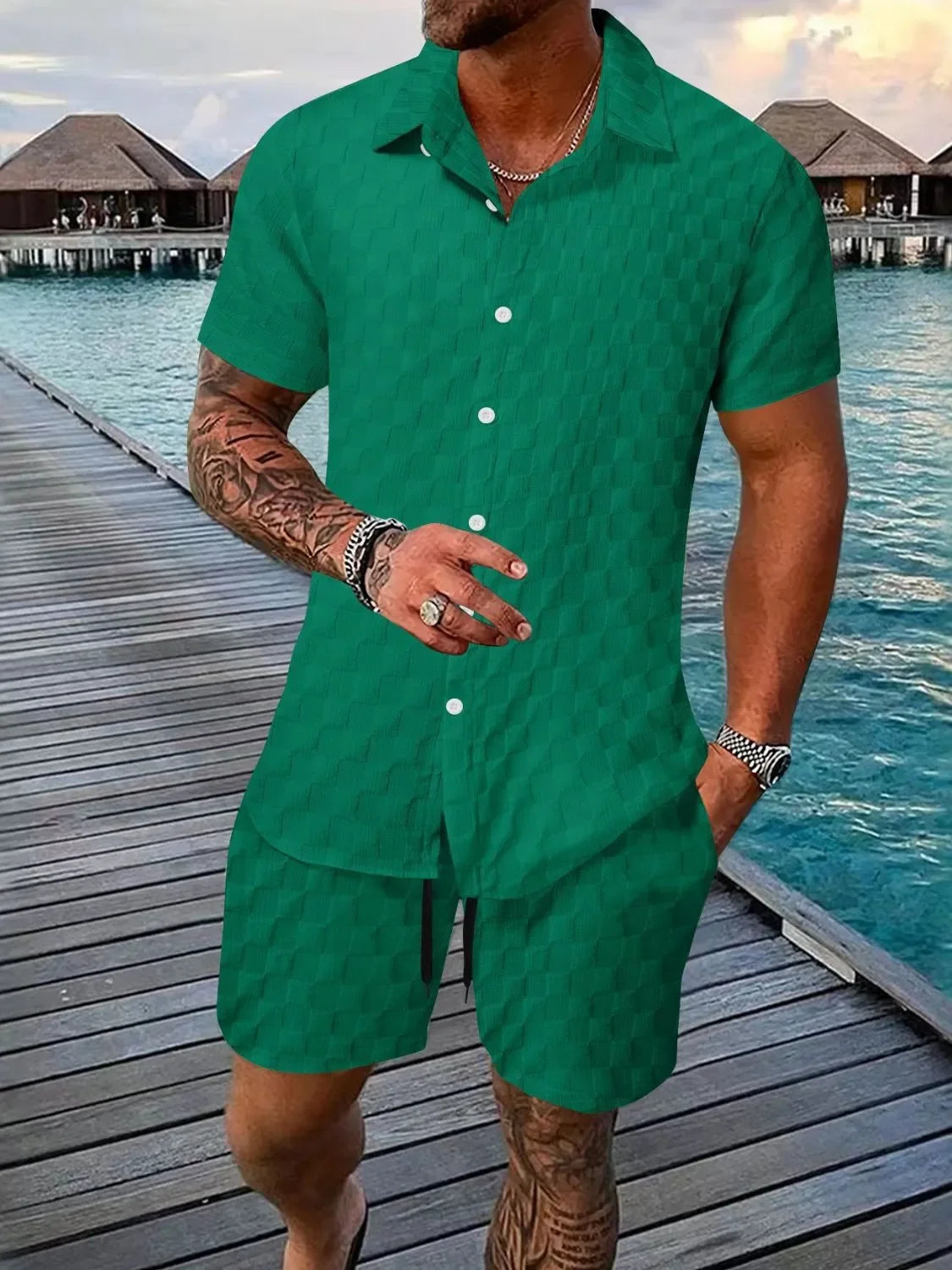 Men's Full Size Collared Neck Short Sleeve Top and Shorts Set Plus Size - Southern Shores Clothing
