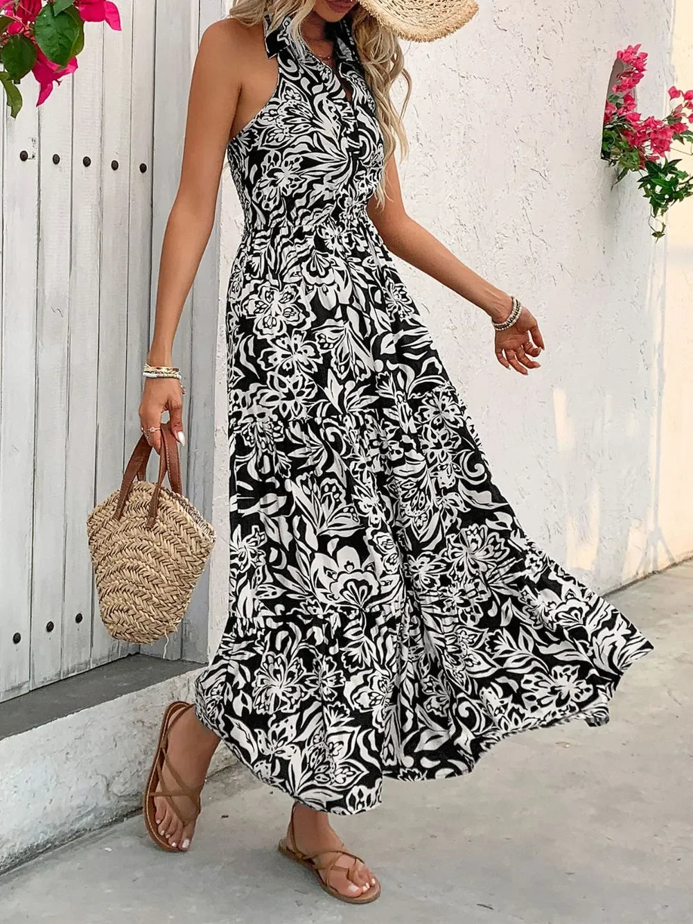 Halter Neck Backless Smocked Printed Sleeveless Midi Dress - Southern Shores Clothing