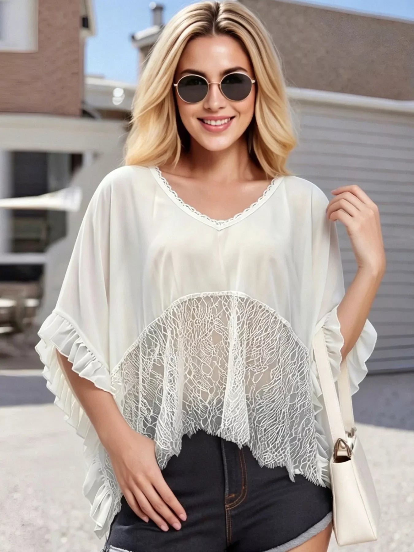 Lace Trim Sheer Flowy Cover Up With V Neck And Ruffle Details - Southern Shores Clothing