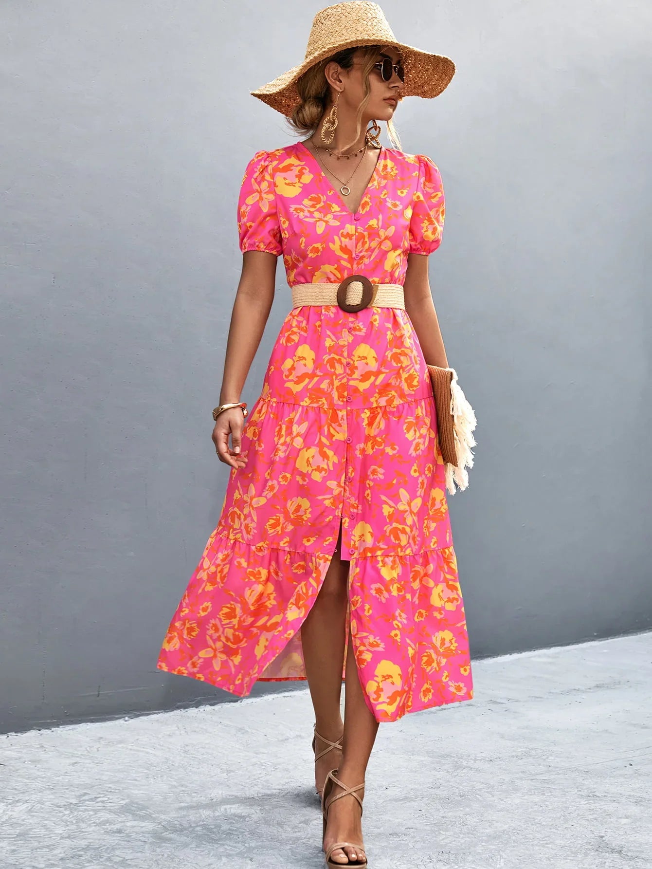 V-Neck Short Sleeve High Slit Midi Dress - Southern Shores Clothing