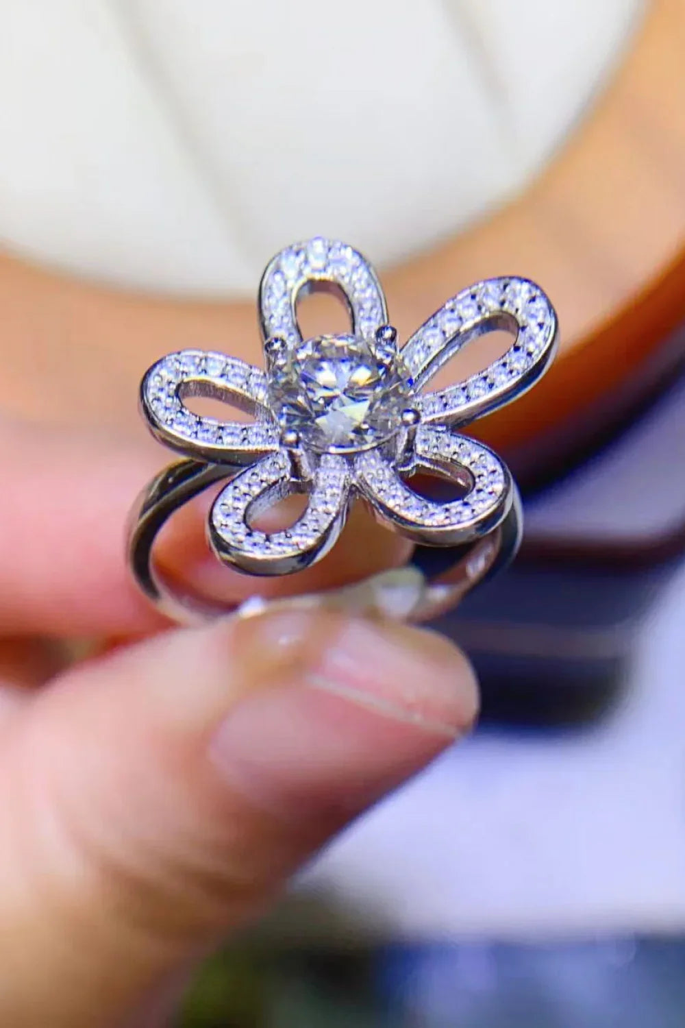 1 Carat Moissanite Flower Shape Open Ring Platinum Plated - Southern Shores Clothing