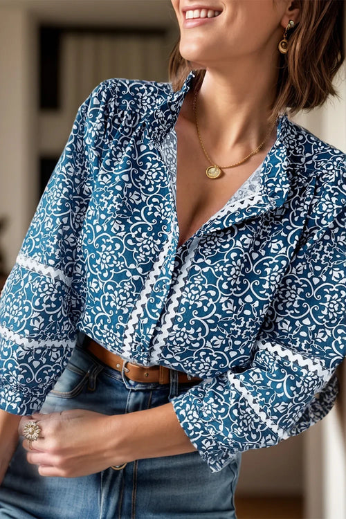 Printed Mock Neck Long Sleeve Blouse With Print - Southern Shores Clothing