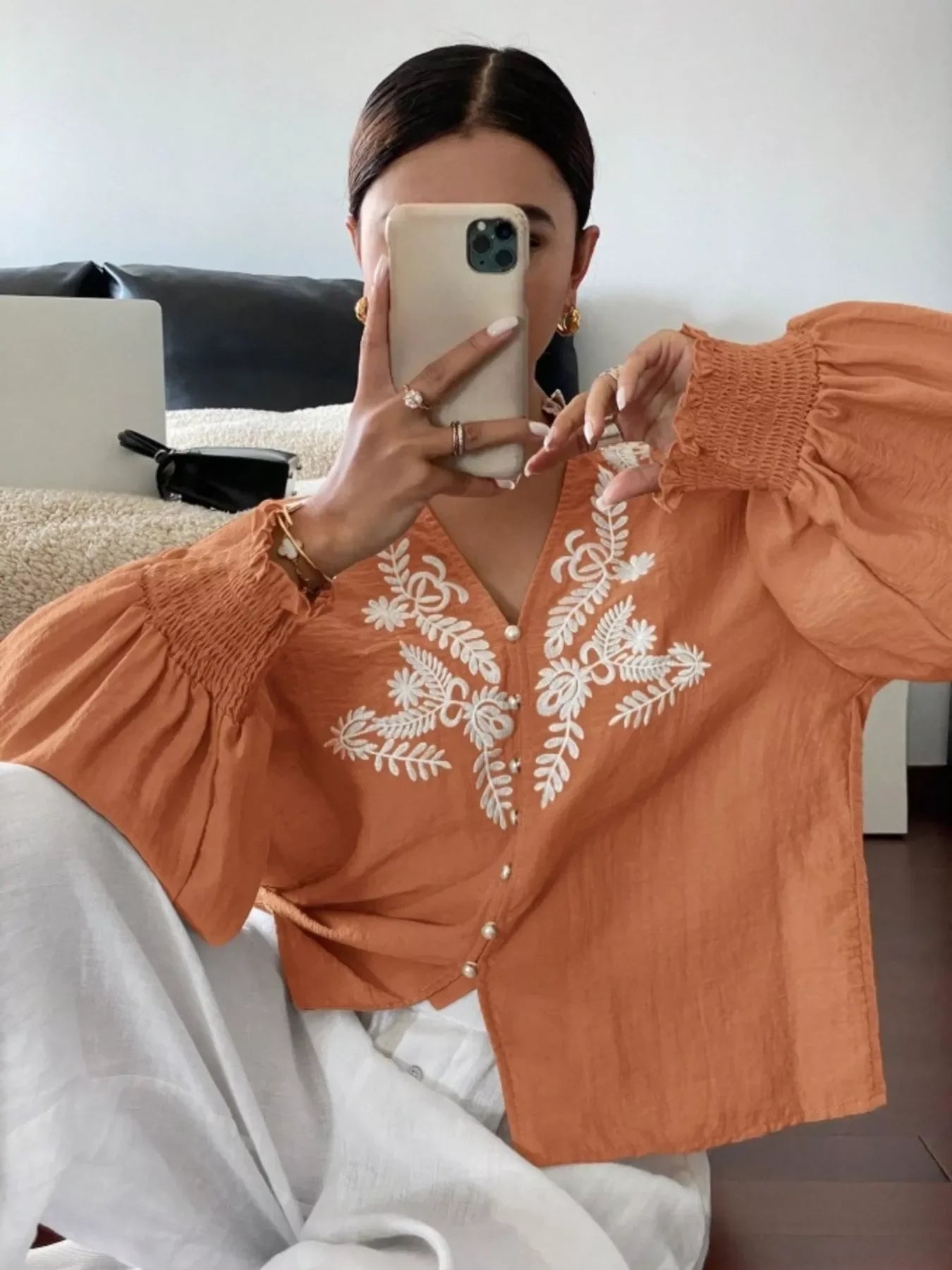 Southern Shores Elegant Embroidered Long Sleeve Buttoned Polyester Blouse With Je T'aime Design - Southern Shores Clothing