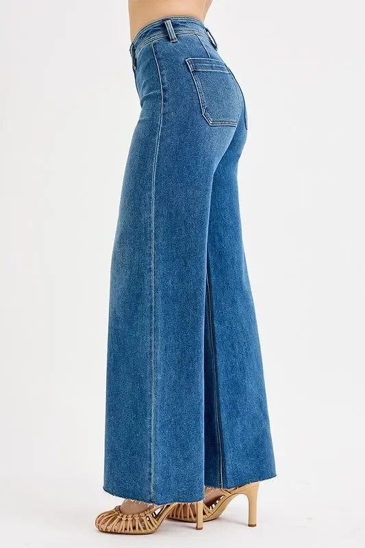 High Waisted Wide Leg Denim Jeans Vintage Inspired - Southern Shores Clothing