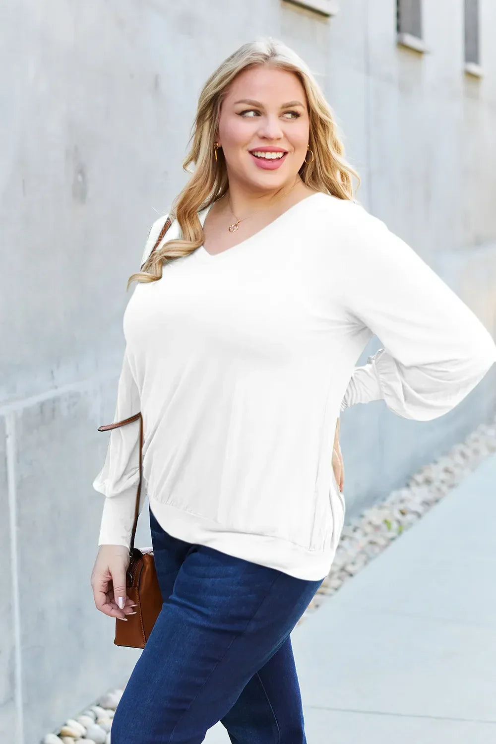 V Neck Lantern Sleeve Top Lightweight Stretch - Southern Shores Clothing