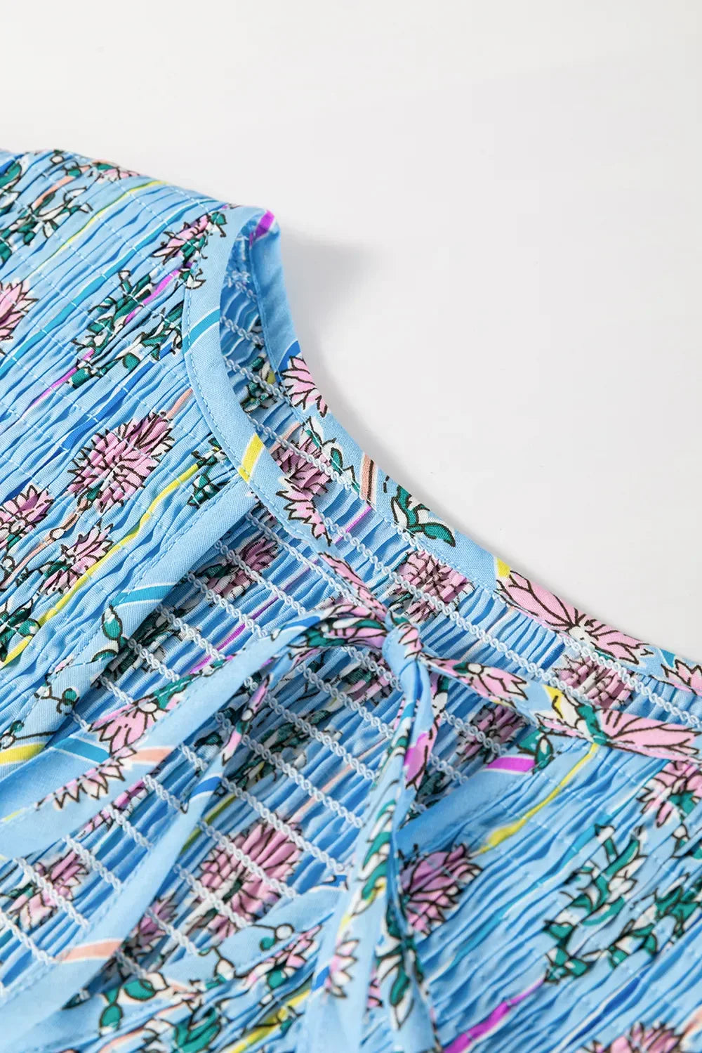 Smocked Floral Print Tie Neck Cotton Blouse - Southern Shores Clothing