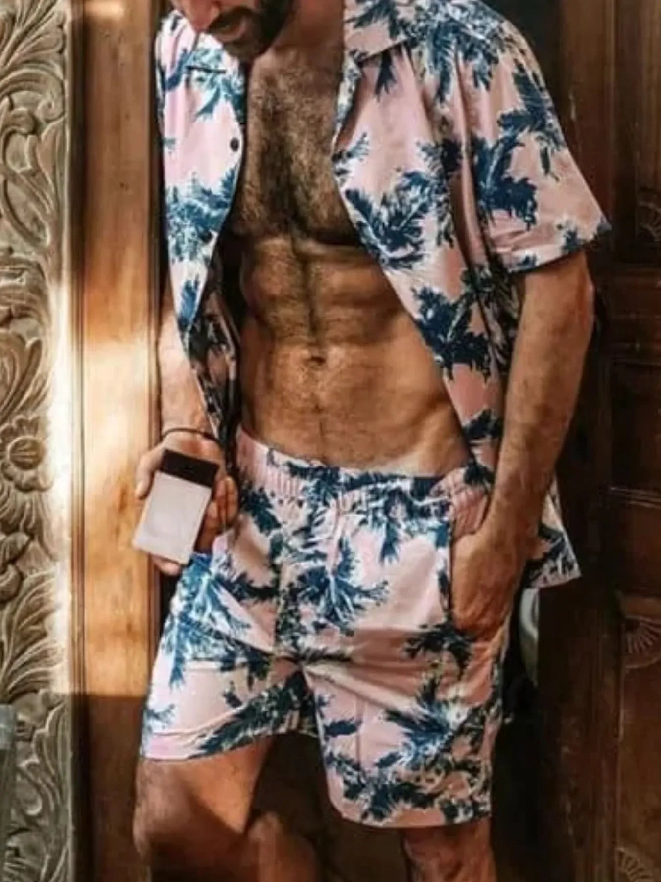Men's Full Size Tropical Print Hawaiian Style Top and Shorts Set Plus Size - Southern Shores Clothing