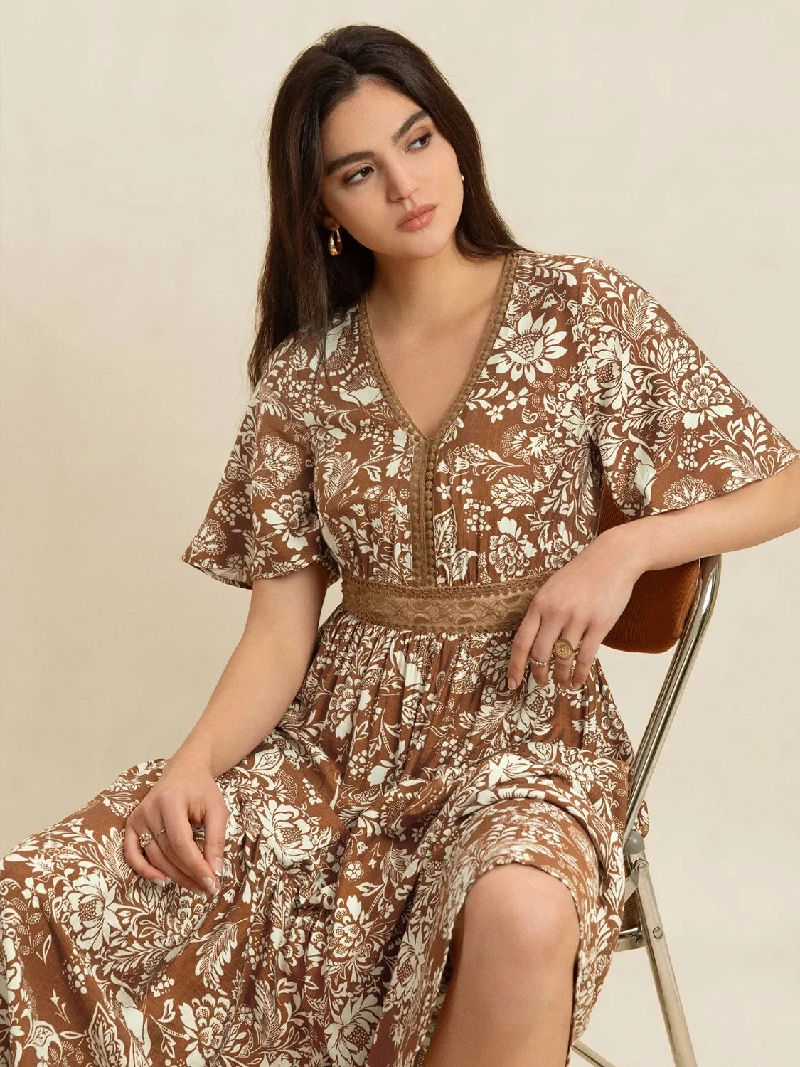 Lace Detail Floral Print Short Sleeve Midi Dress V Neck - Southern Shores Clothing