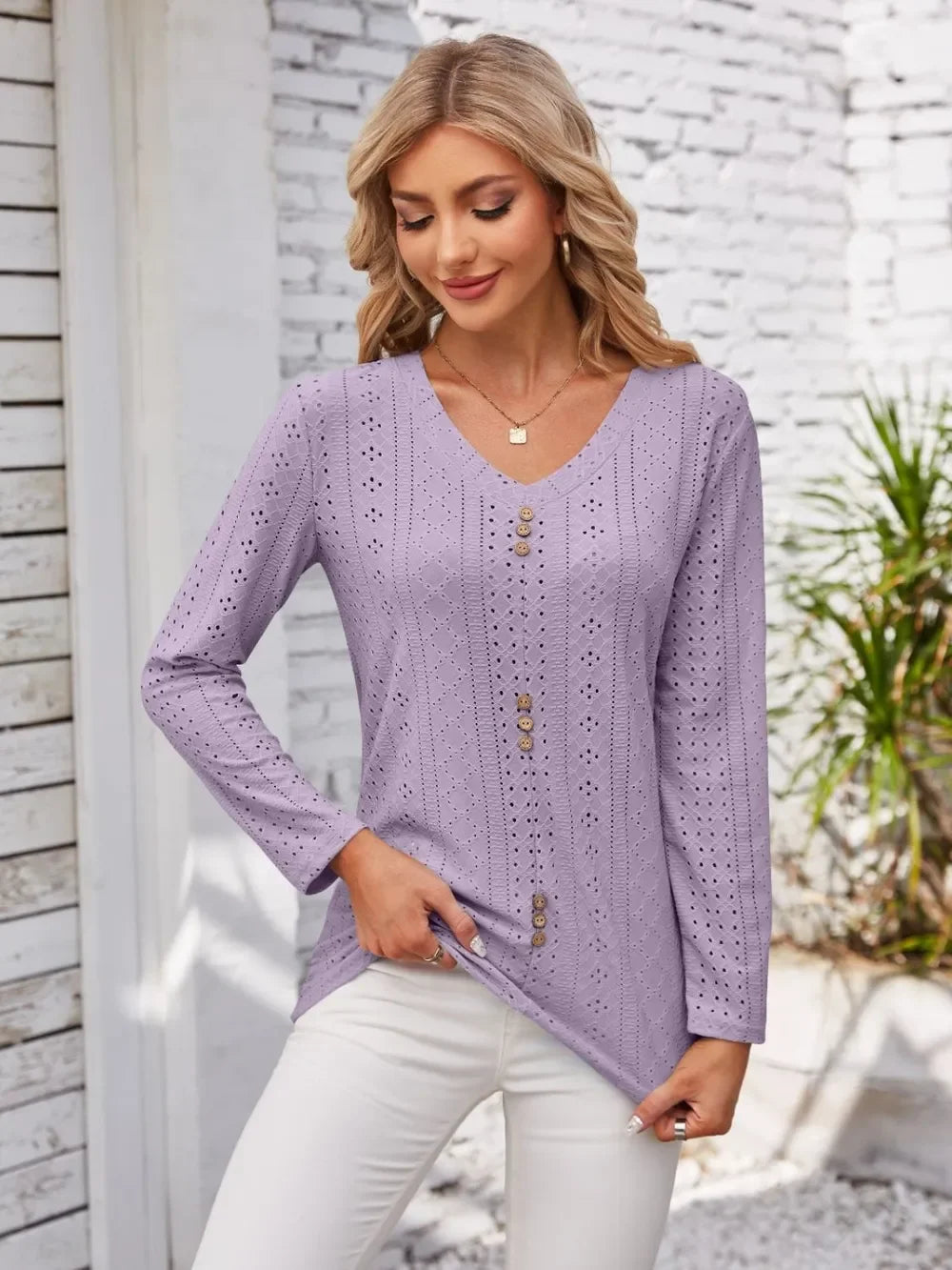 V Neck Openwork T Shirt With Decorative Buttons - Southern Shores Clothing