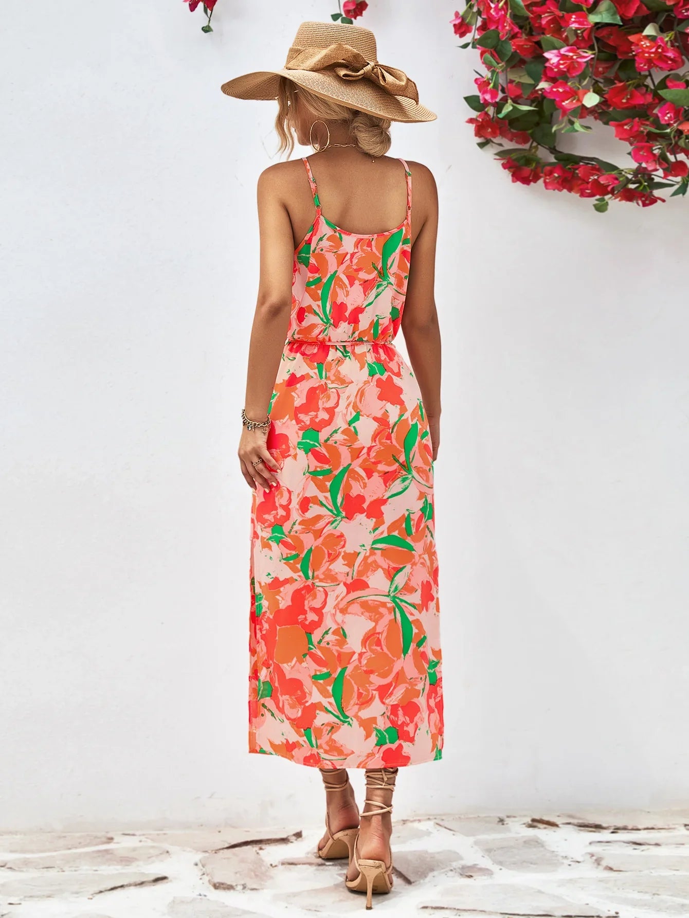 Printed Spaghetti Strap Front Slit Dress - Southern Shores Clothing