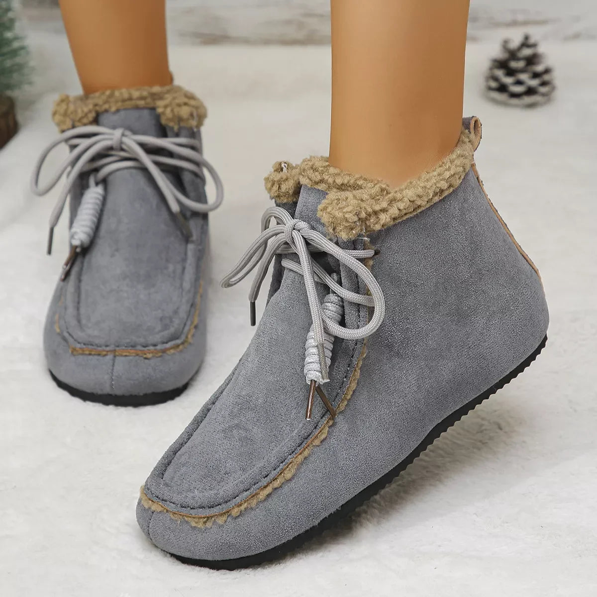 Plush Lined Fluff Suede Ankle Boots With Flat Heel - Southern Shores Clothing