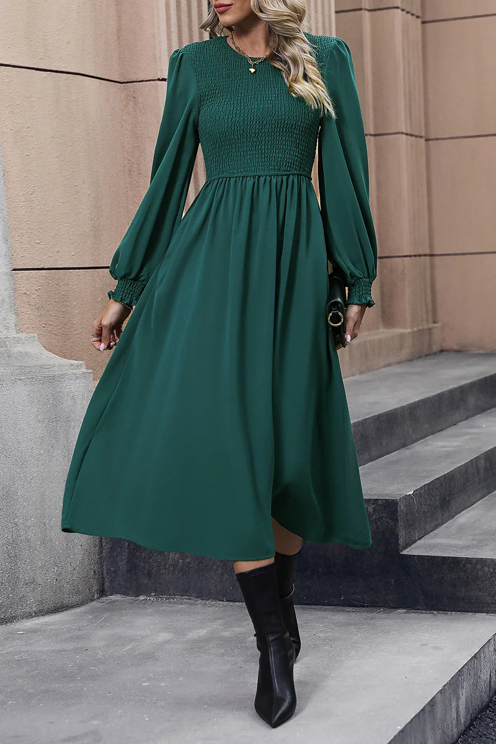 Smocked Long Sleeve Midi Dress For Coastal Activities - Southern Shores Clothing