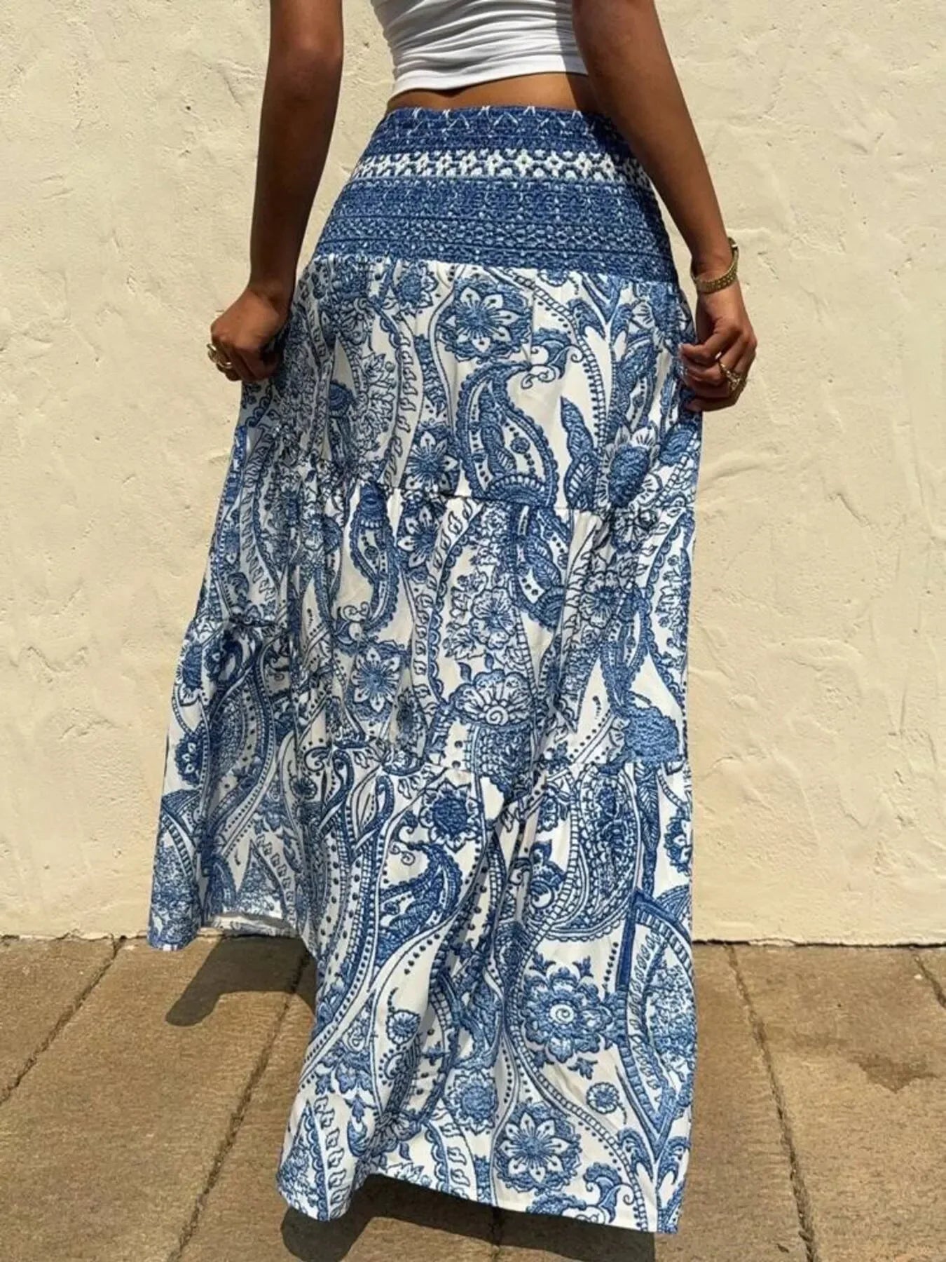 Smocked Printed Tiered Maxi Skirt Flowing Silhouette - Southern Shores Clothing