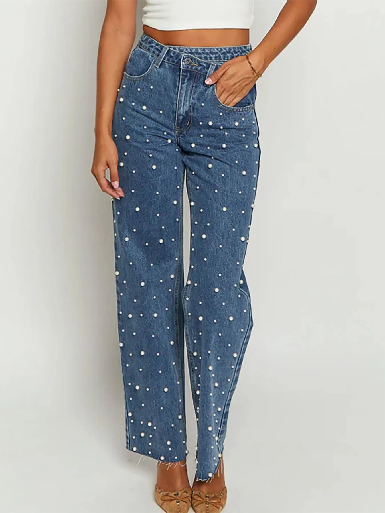 Coastal Embellished High Waist Straight Leg Jeans - Southern Shores Clothing