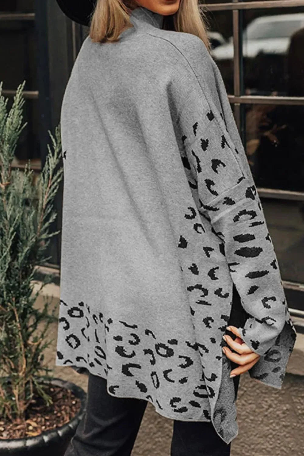 Slit Leopard Mock Neck Dropped Shoulder Sweater - Southern Shores Clothing