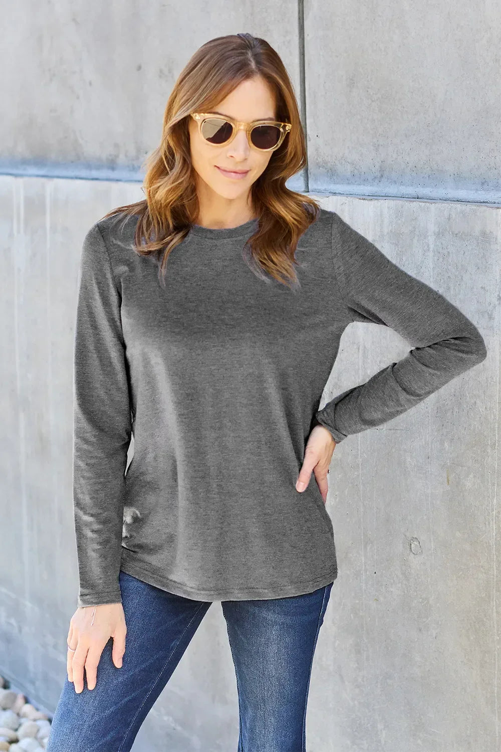 Basic Round Neck Long Sleeve Knit Top Silhouette - Southern Shores Clothing