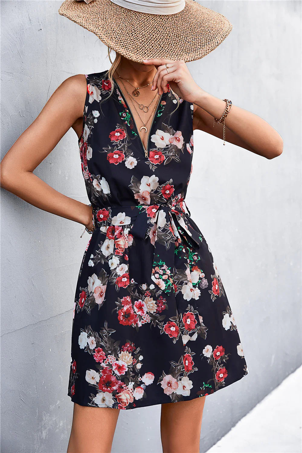 Printed Zip Detail Belted Sleeveless Dress - Southern Shores Clothing