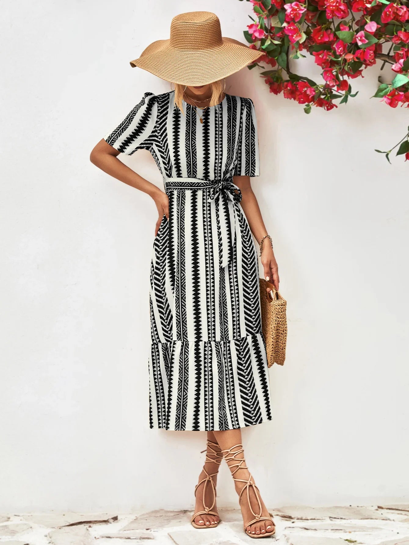 Striped Tie Belt Round Neck Puff Sleeve Dress - Southern Shores Clothing