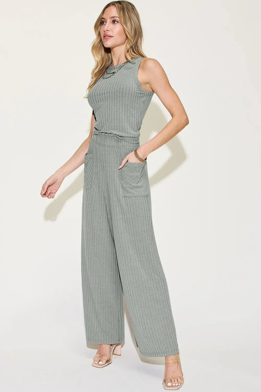 Two Piece Ribbed Tank and Wide Leg Pants Set - Southern Shores Clothing