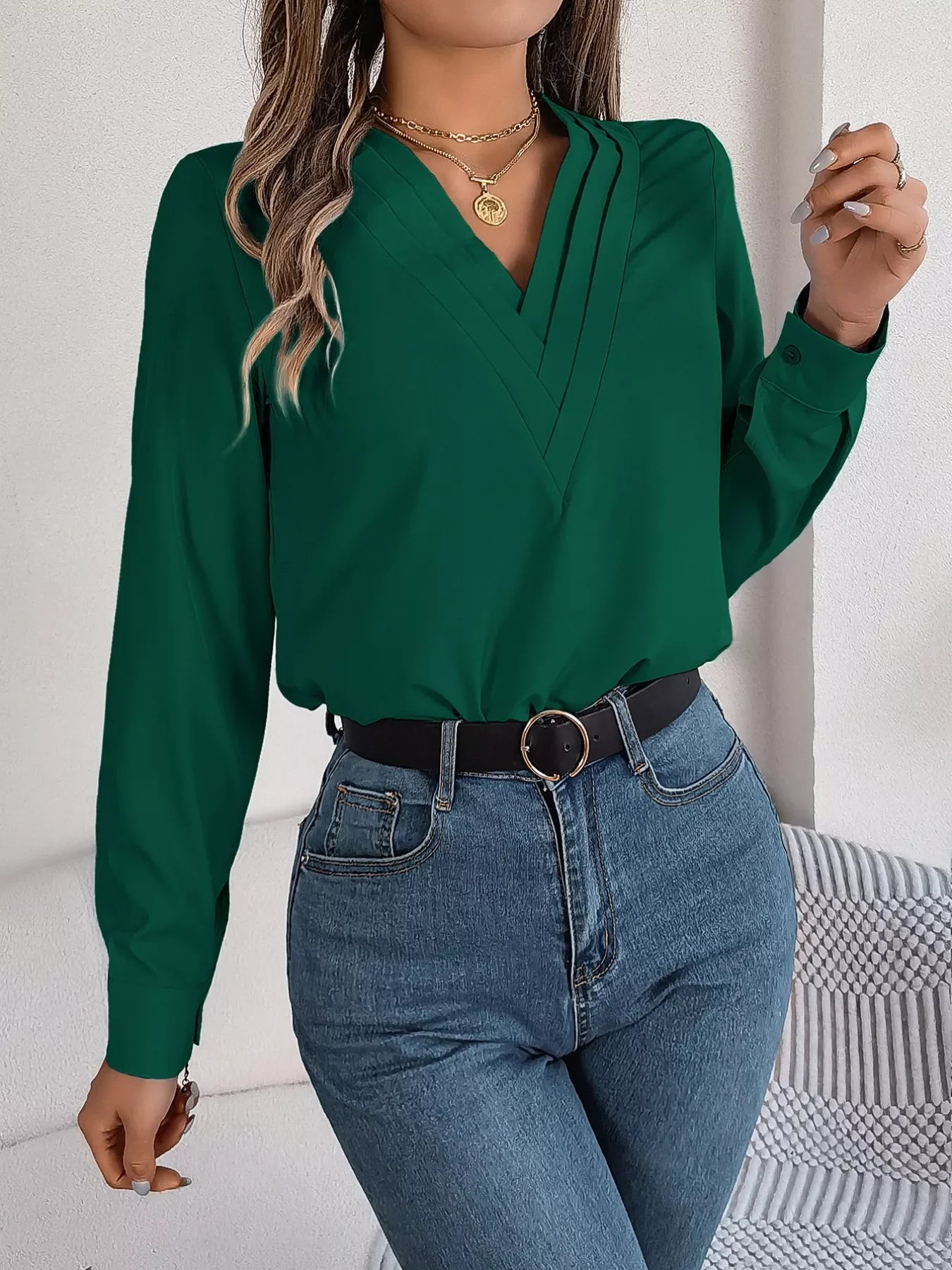 Layered V-Neck Long Sleeve Polyester Blouse - Southern Shores Clothing