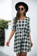 Plaid V-Neck Tie Waist Dress - Southern Shores Clothing