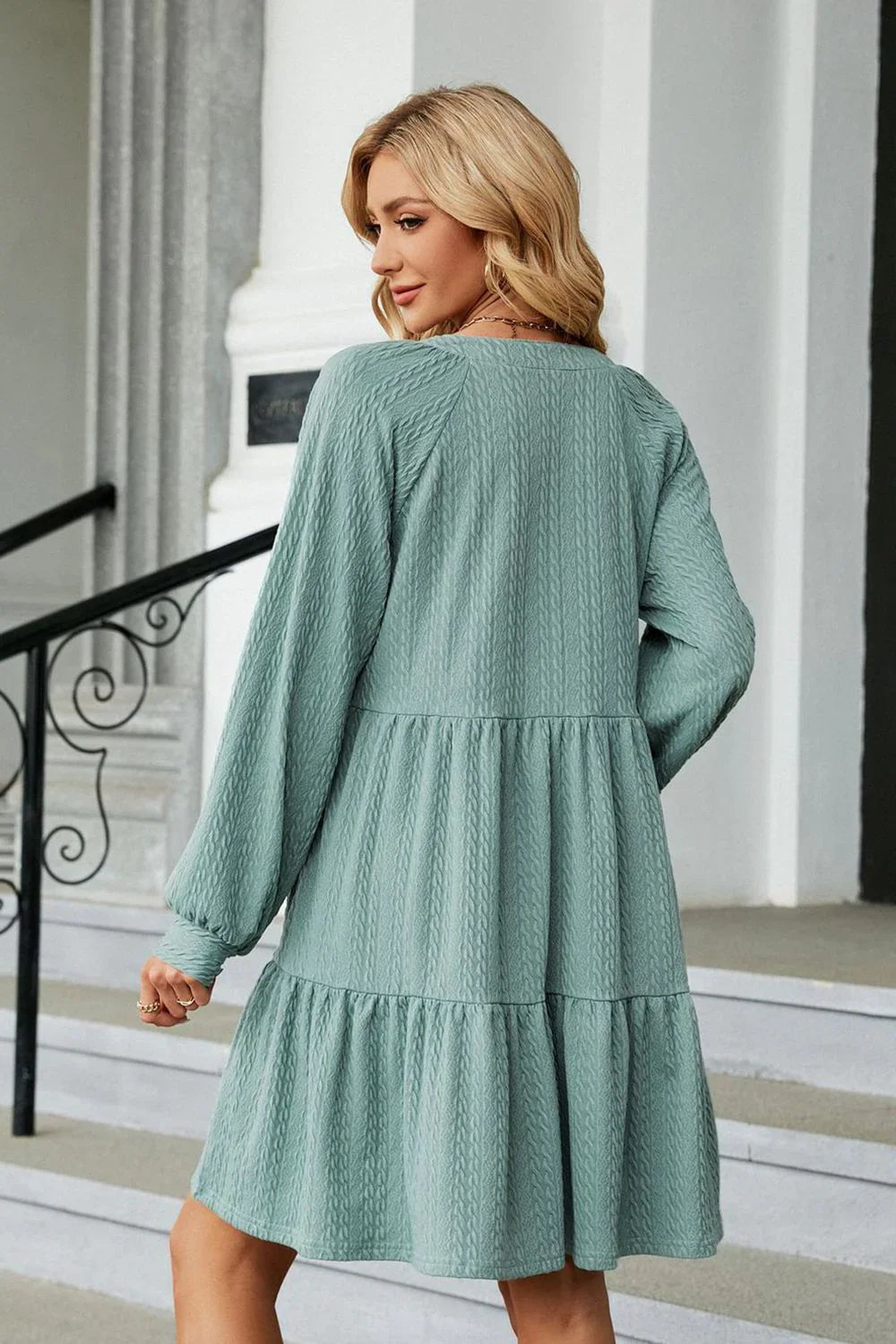 Notched Neck Long Sleeve Mini Dress - Southern Shores Clothing