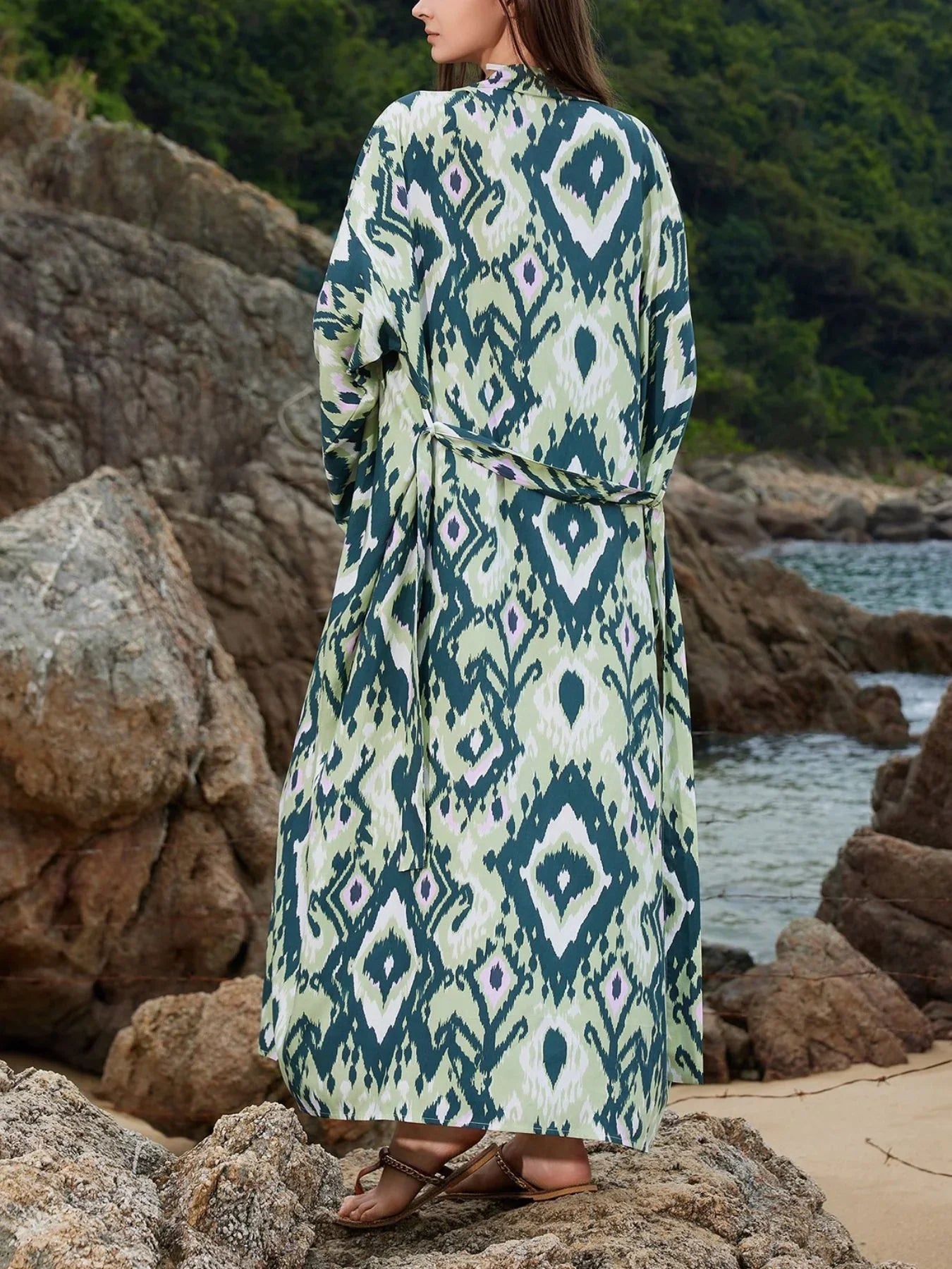 Boho Print Long Sleeve Cover Up Tie Waist Relaxed Fit Silhouette - Southern Shores Clothing