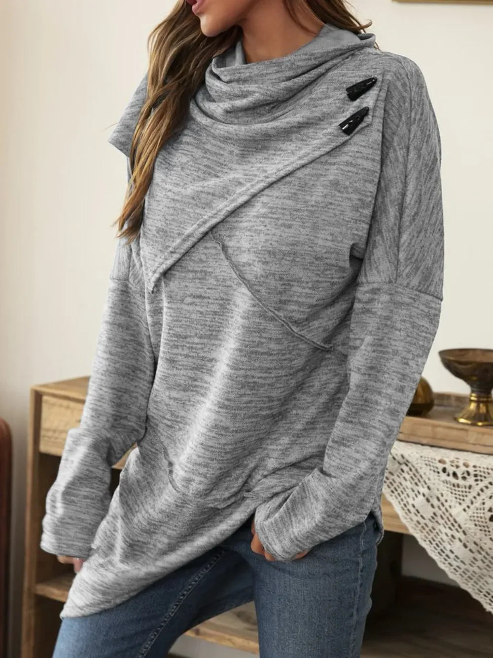 Asymmetrical Hem Cowl Neck Long Sleeve T-Shirt - Southern Shores Clothing